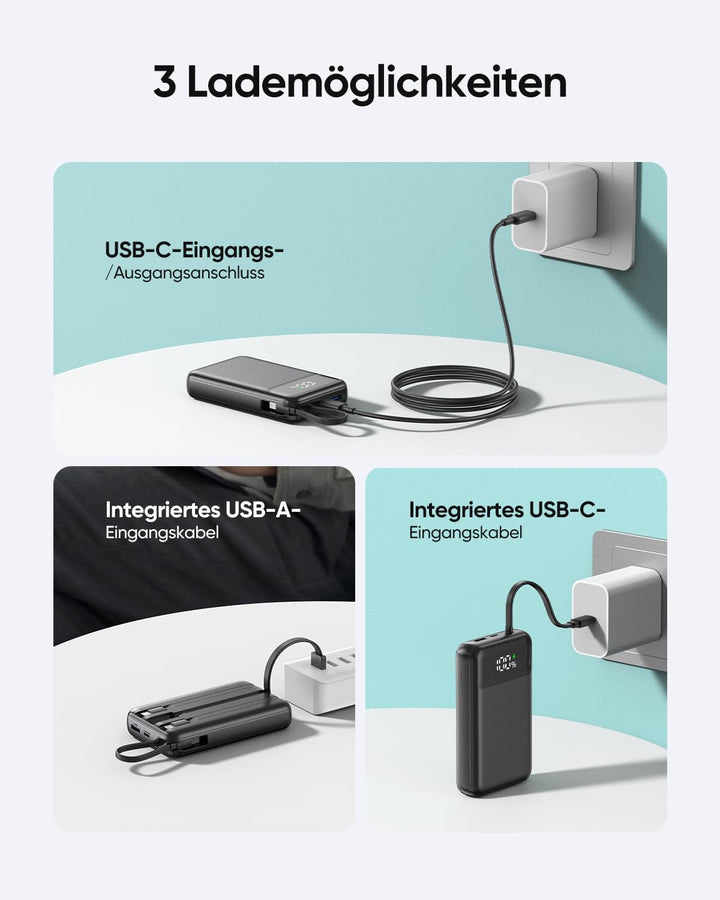 A ADDTOP 20000mAh Power Bank mit 4 integrierten Kabel, Ultra Klein 22,5W Schnellladen Powerbank, PD