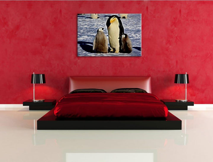 Kaiserpinguin mit Küken Deluxe Format: 100x70 cm auf Leinwand, XXL riesige Bilder fertig gerahmt mit