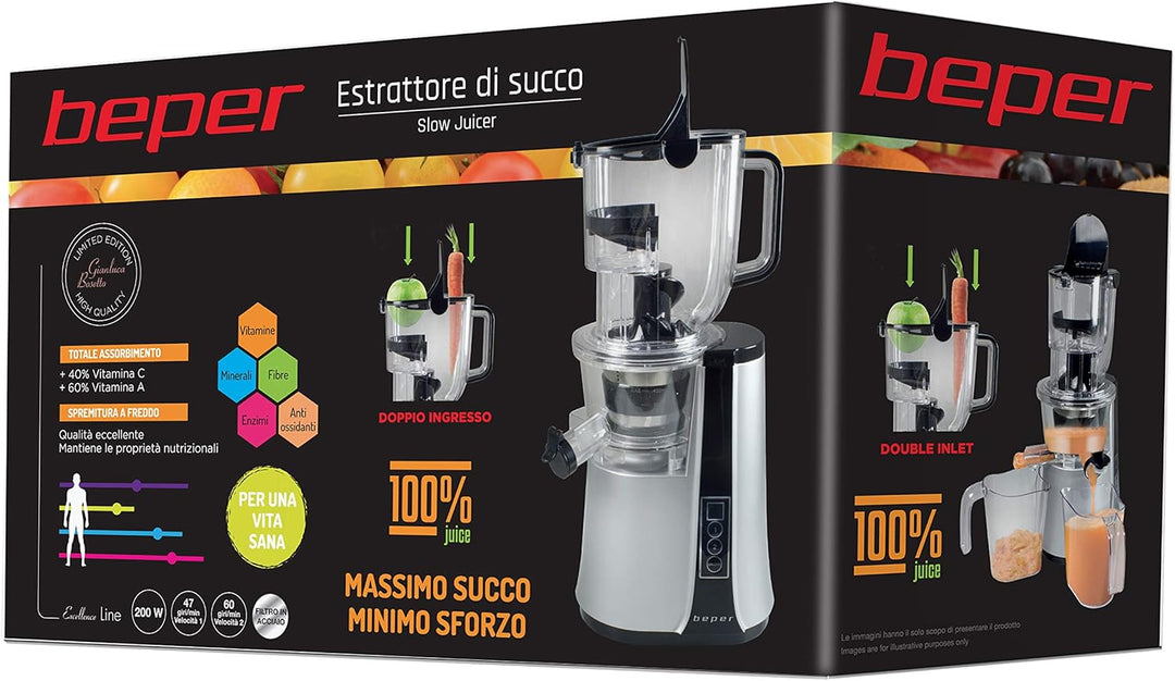 Beper 90.422 Vertikalentsafter - Slow Juicer, Silber