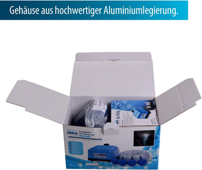 AquaForte Hi-Flow V-10 Luftpumpenset, Komplettset mit Luftverteilern, 25 m Schlauch 4 x 6 mm und 4 L