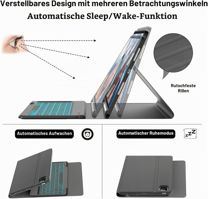 Hülle mit Tastatur für iPad Pro 12.9 (6/5/4/3 Gen), 7 Farben Beleuchtung, Deutsches QWERTZ, Magnetis