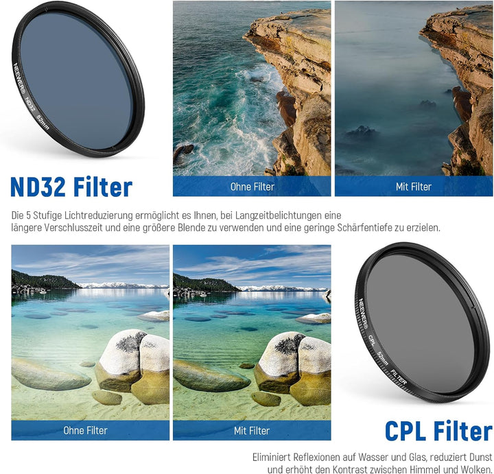NEEWER 52mm ND+CPL+Effekt Filter Set mit Handy Phone Objektiv Klammer, Polfilter ND32, 6 Punkt Stern