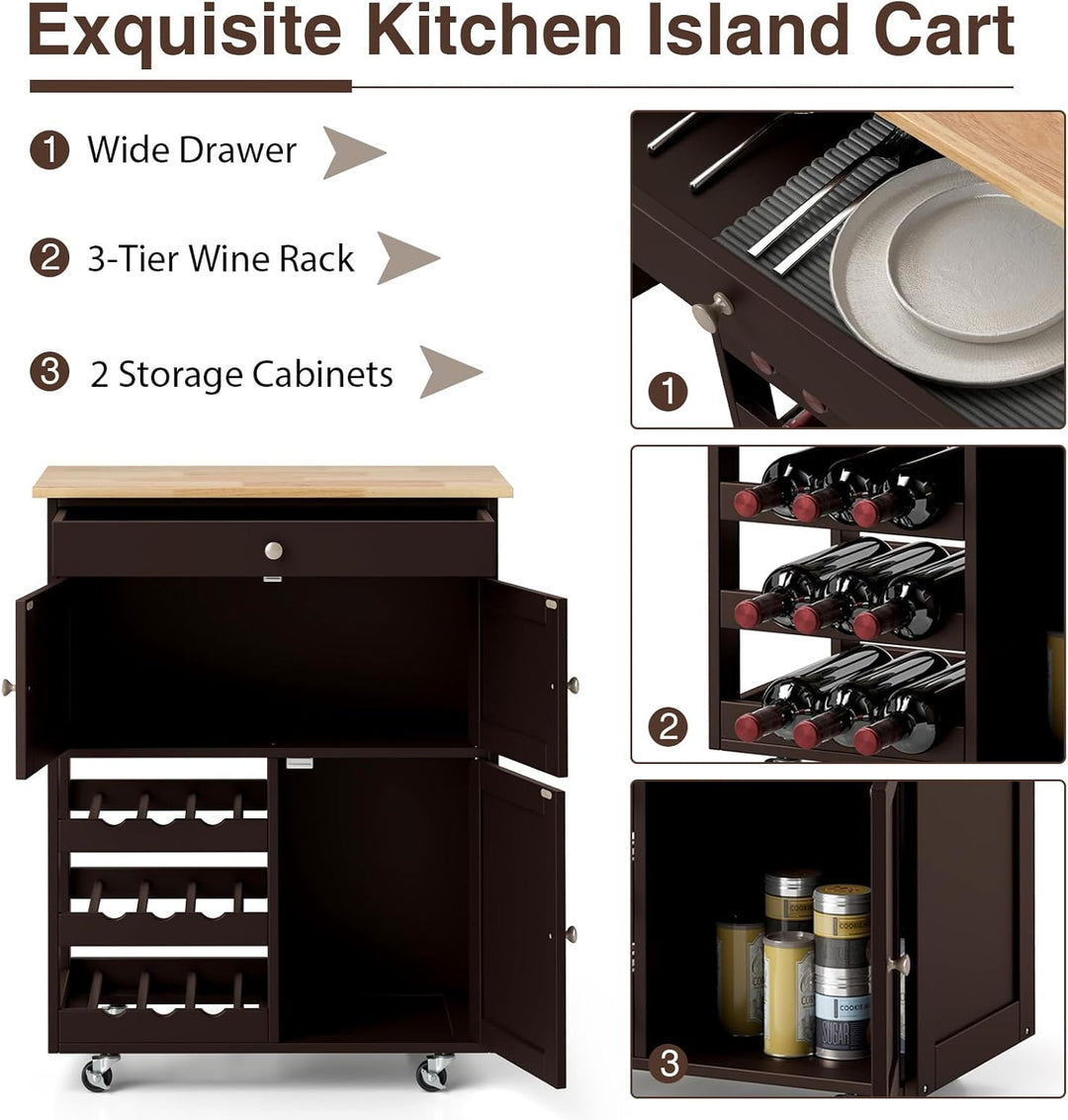 KOMFOTTEU Küchenwagen auf Rollen, Kücheninsel mit Weinregal & 2 Schränke & Schublade, Servierwagen a