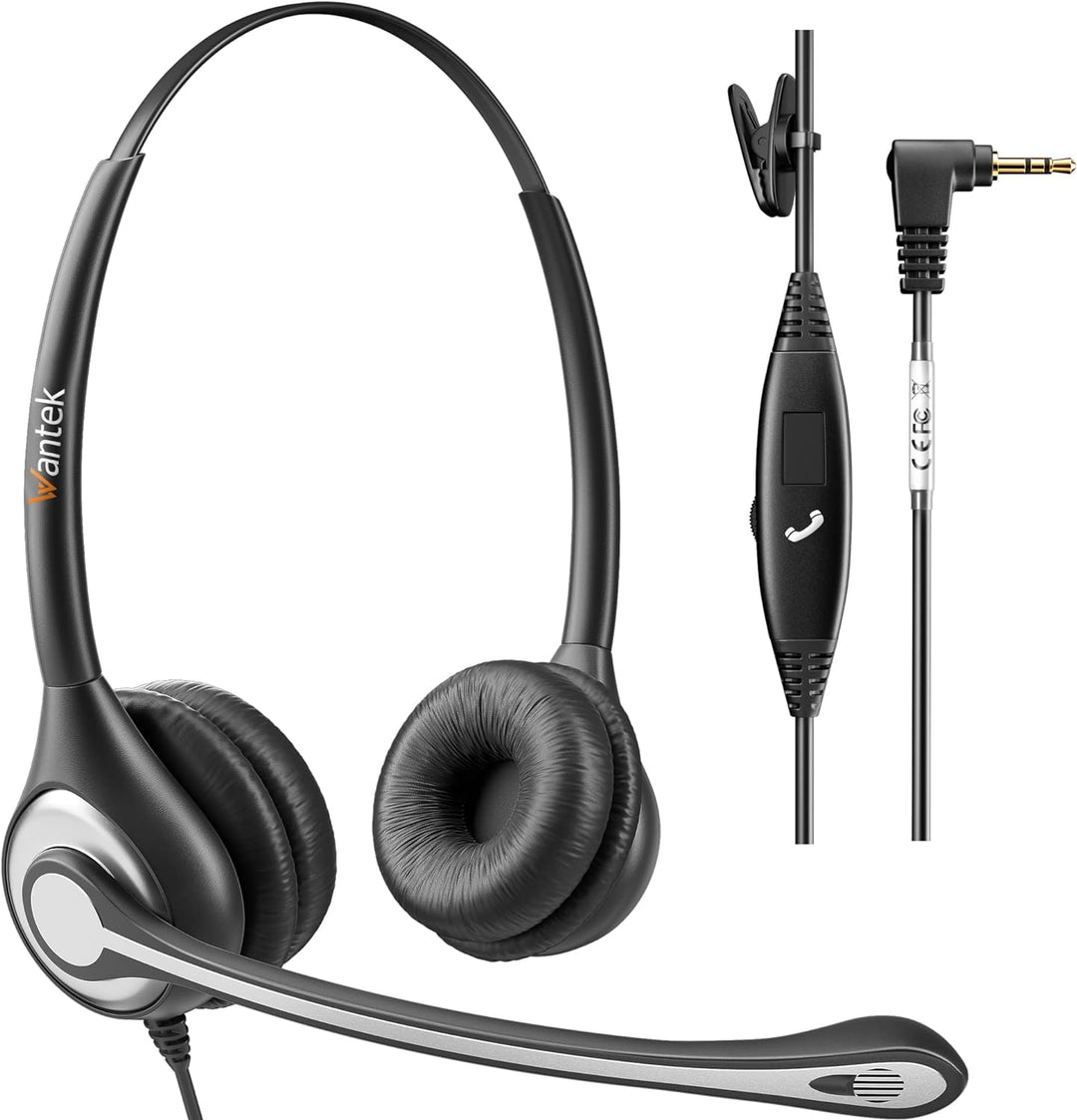 Wantek Telefon Headset Binaural mit Noise Cancelling Mikrofon, Call Center Kopfhörer für Gigaset Pan