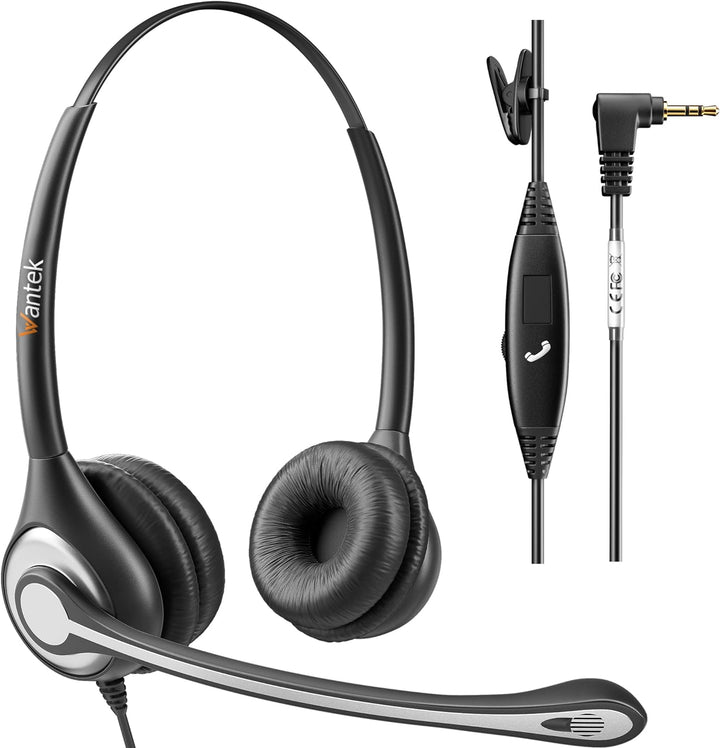 Wantek Telefon Headset Binaural mit Noise Cancelling Mikrofon, Call Center Kopfhörer für Gigaset Pan