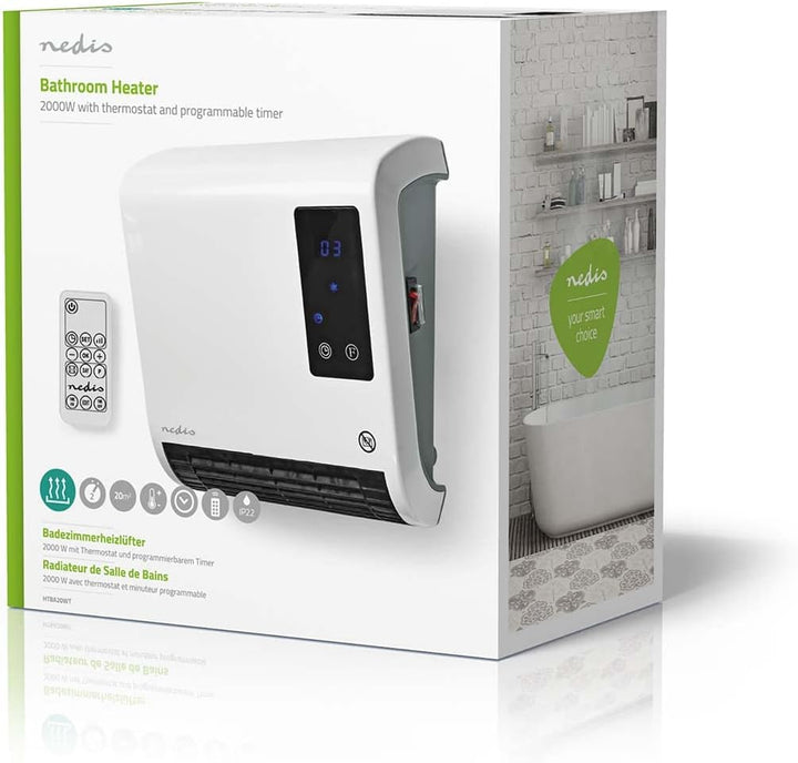 Nedis HTBA20WT Badezimmer-Heizung | 2000 W | Verstellbares Thermostat | 2 Heizstufen | Spritzwasserg