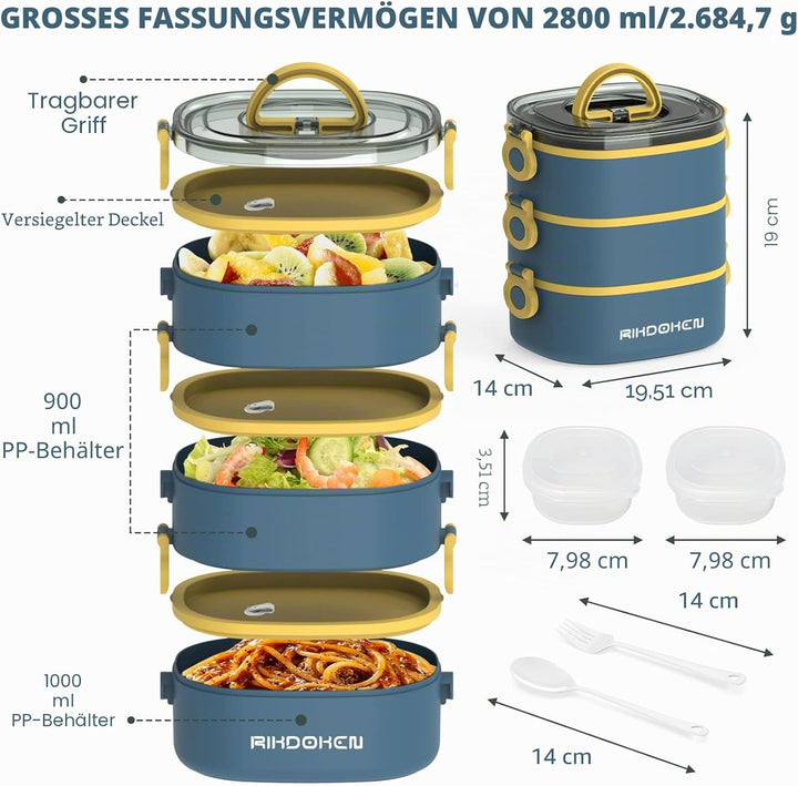 RIKDOKEN Bento Box Lunchbox, stapelbare 3-lagige Behälter, tragbare 2.6 l grosse Kapazität, auslaufs