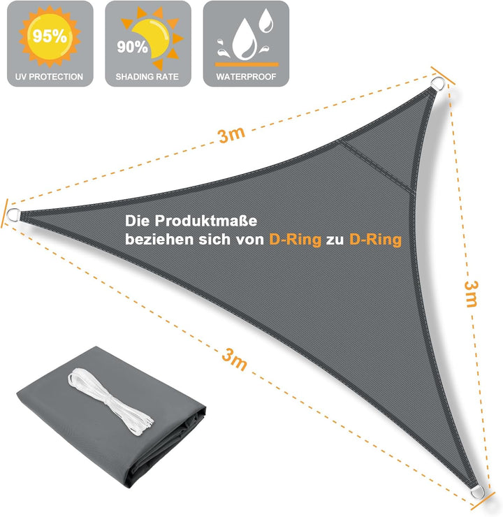 LOVE STORY Sonnensegel Dreieckig 3x3x3m Wasserdicht Segeltuch Sonnenschutz Windschutz PES mit 95% UV
