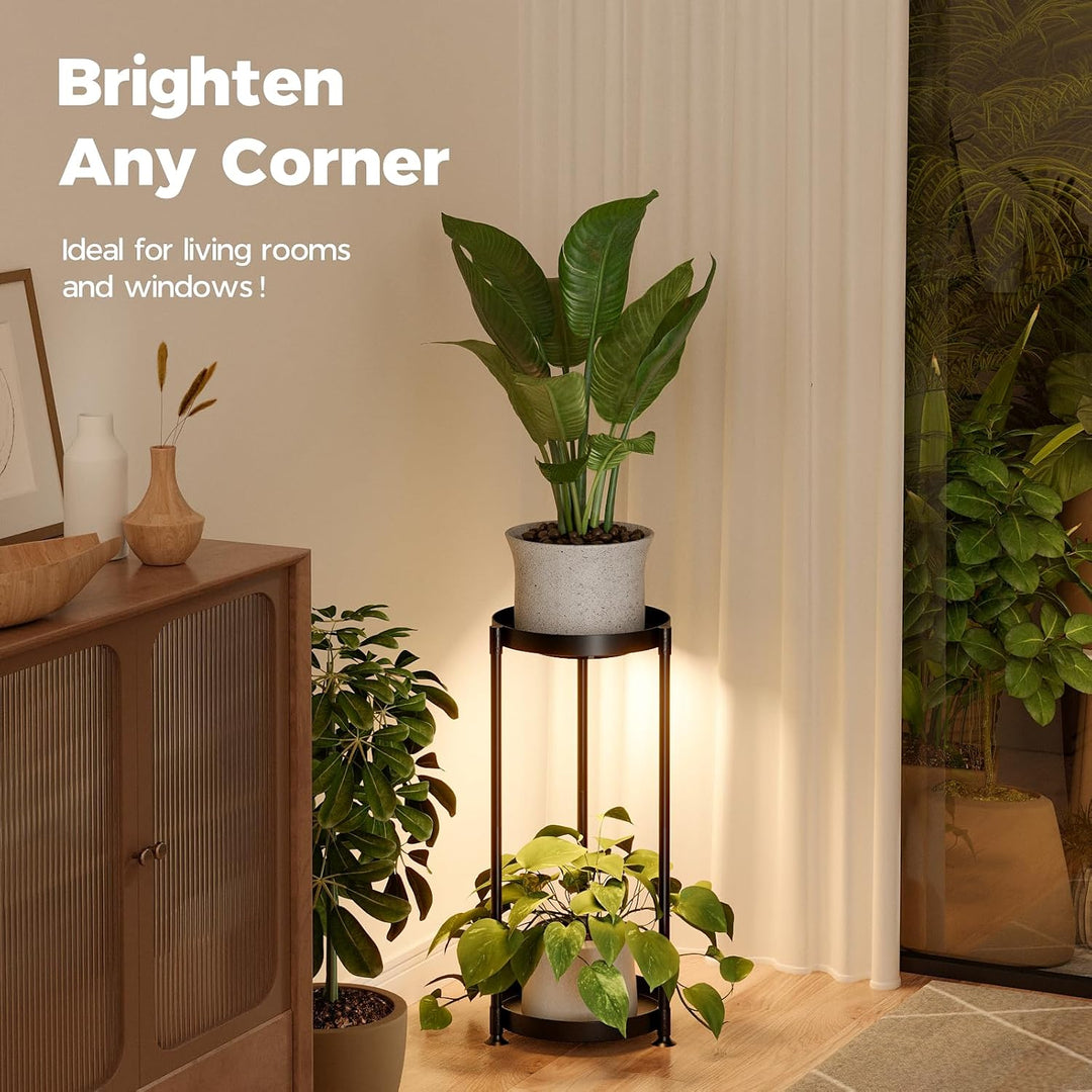 Bamworld Pflanzenständer Metall Schwarz mit LED-Wachstumslicht, 2 Ebenen Blumenhocker Modern, Indoor