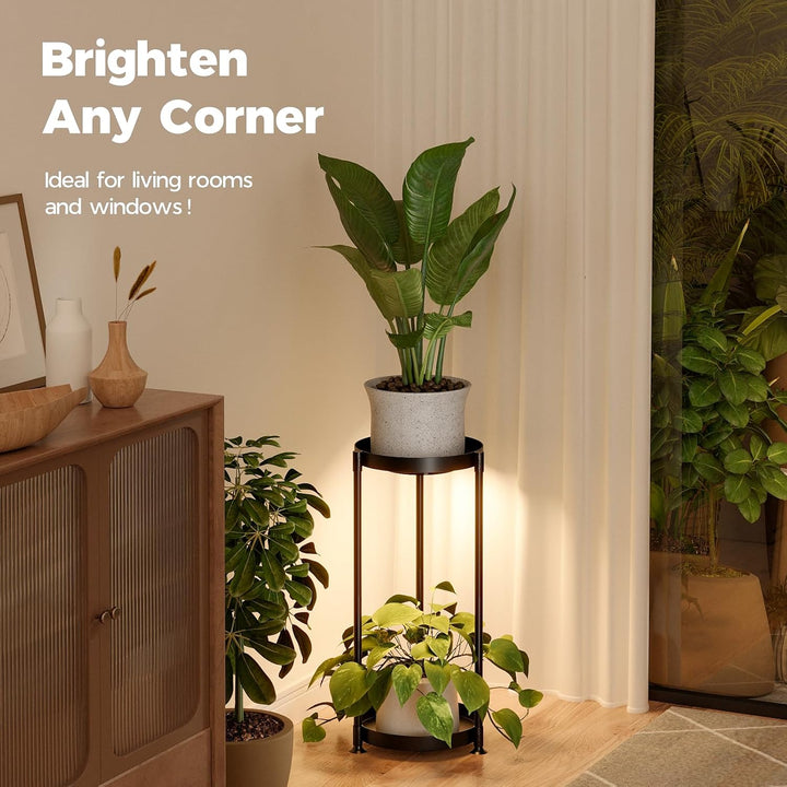 Bamworld Pflanzenständer Metall Schwarz mit LED-Wachstumslicht, 2 Ebenen Blumenhocker Modern, Indoor