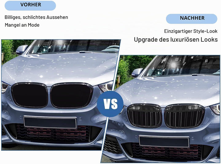 Gangying Kühlergrill Passend für BMW X1 F48 F49 2016 2017 2018 2019 Schwarz Glanz Kühler Front Doppe