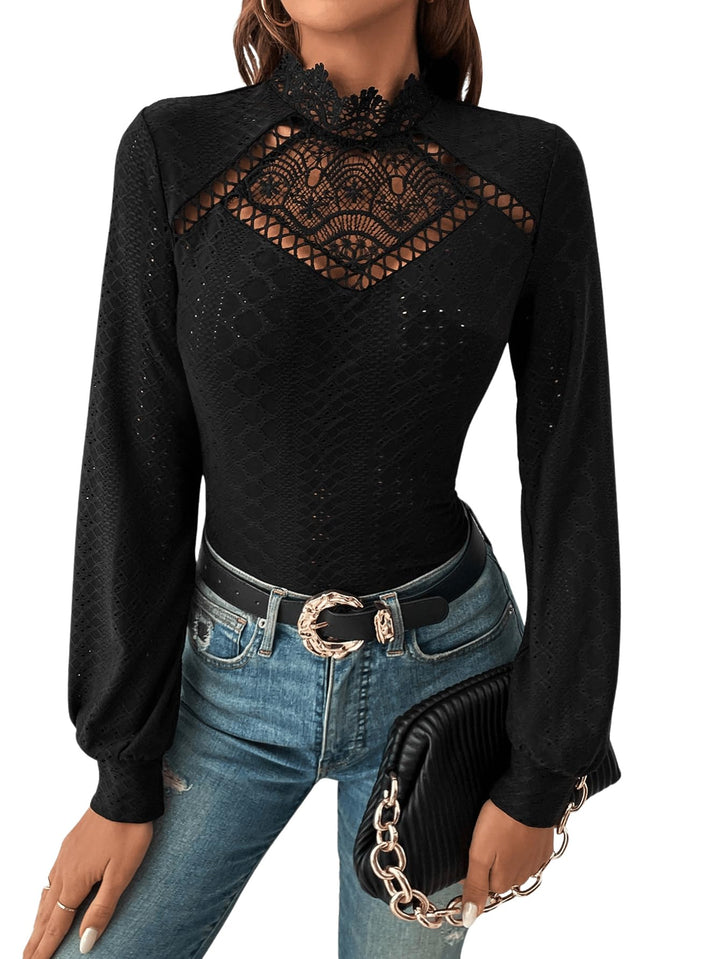 GORGLITTER Damen Oberteil Elegant Top mit Spitzen Trachentenbluse Langarm Dirndlbluse Spitzenshirt H