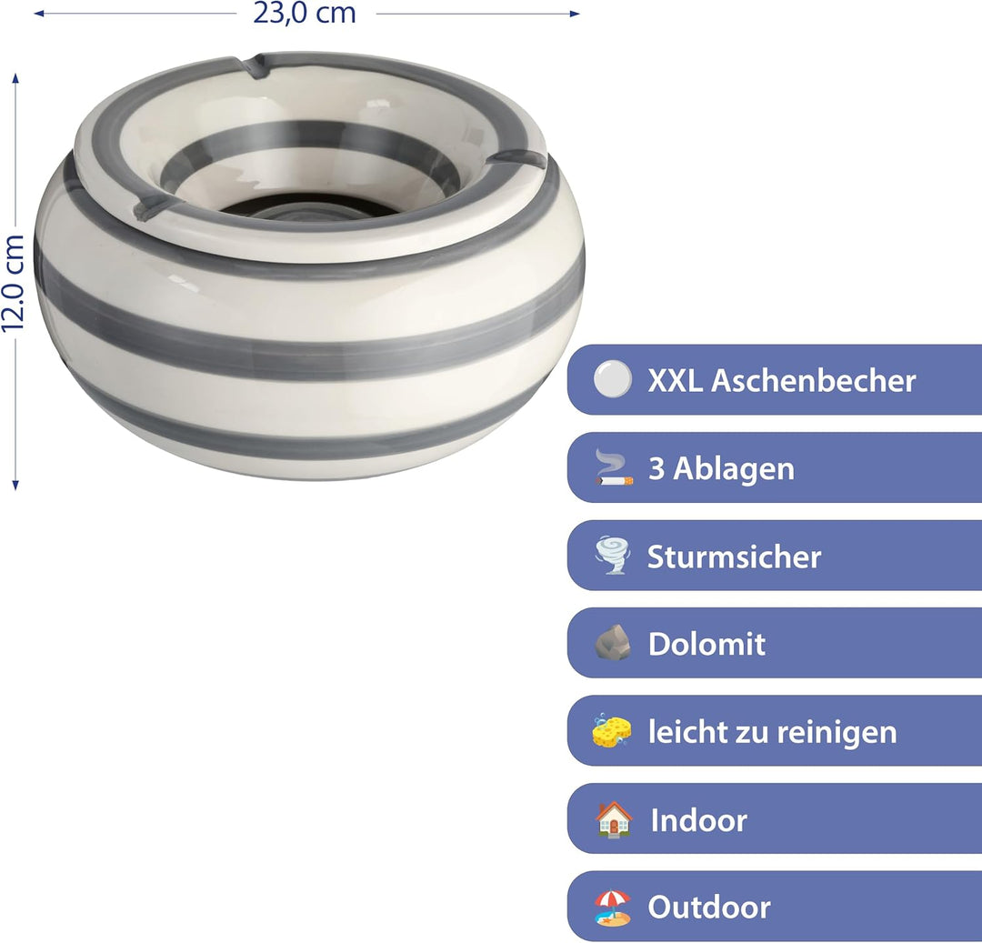 Roomando XXL Sturmaschenbecher Ø 23cm in grau-Weiss-gestreift Modell Gloomy Admiral