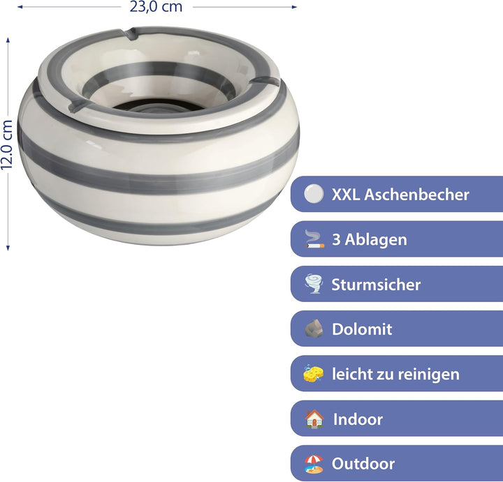 Roomando XXL Sturmaschenbecher Ø 23cm in grau-Weiss-gestreift Modell Gloomy Admiral