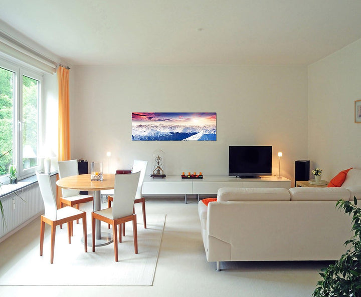 Paul Sinus Art Panoramabild auf Leinwand und Keilrahmen 150x50cm Berge Gebirge Schnee Nebel Abendrot