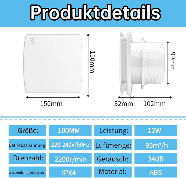 YIBONIKA Badlüfter 100mm mit Feuchtigkeitssensor & Nachlauf, ≤34db Leiser Abluftventilator mit Rücks