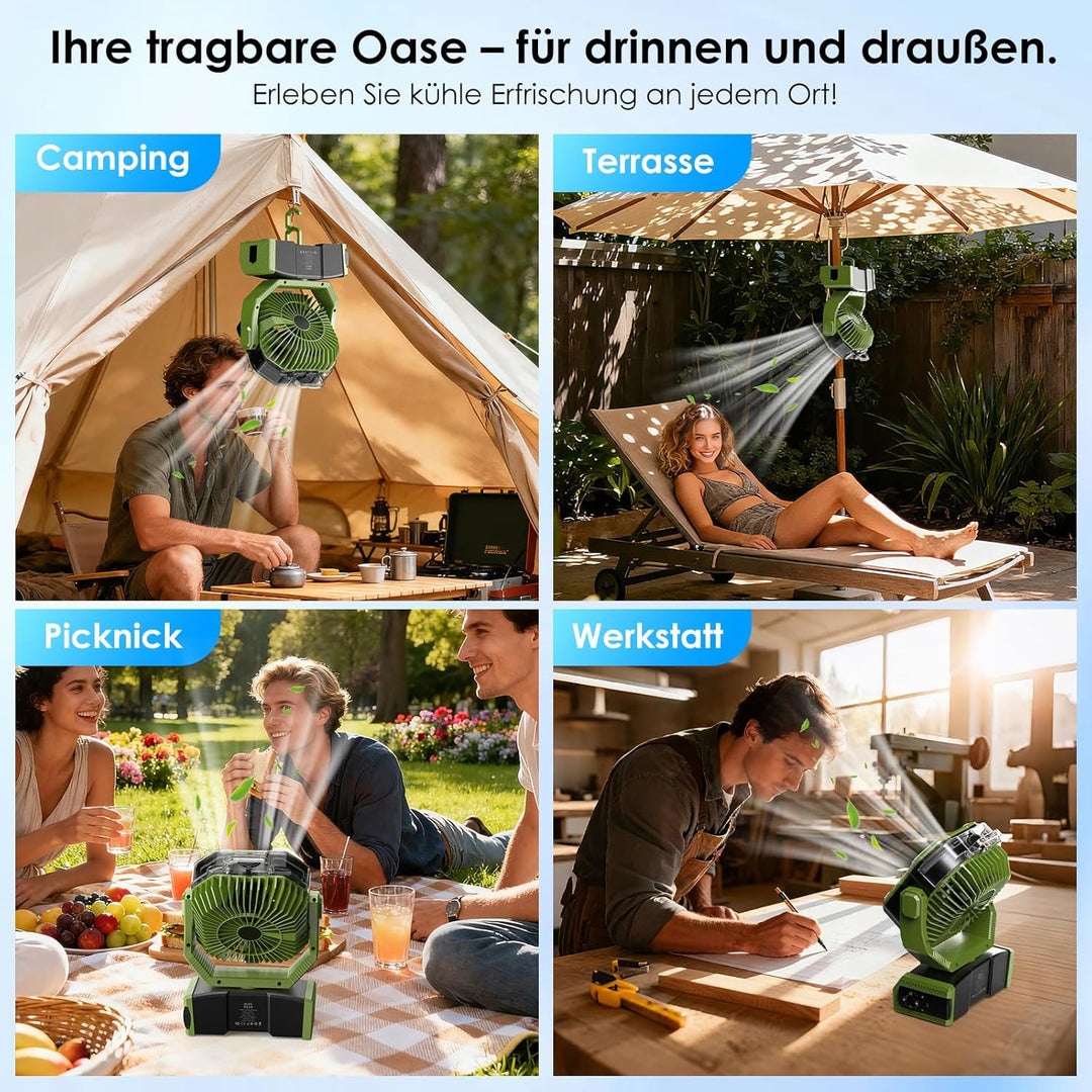 Minthouz 30000mAh Akku Camping Ventilator mit Sprühnebel & LED Licht, USB Akku Ventilator, 50h Laufz
