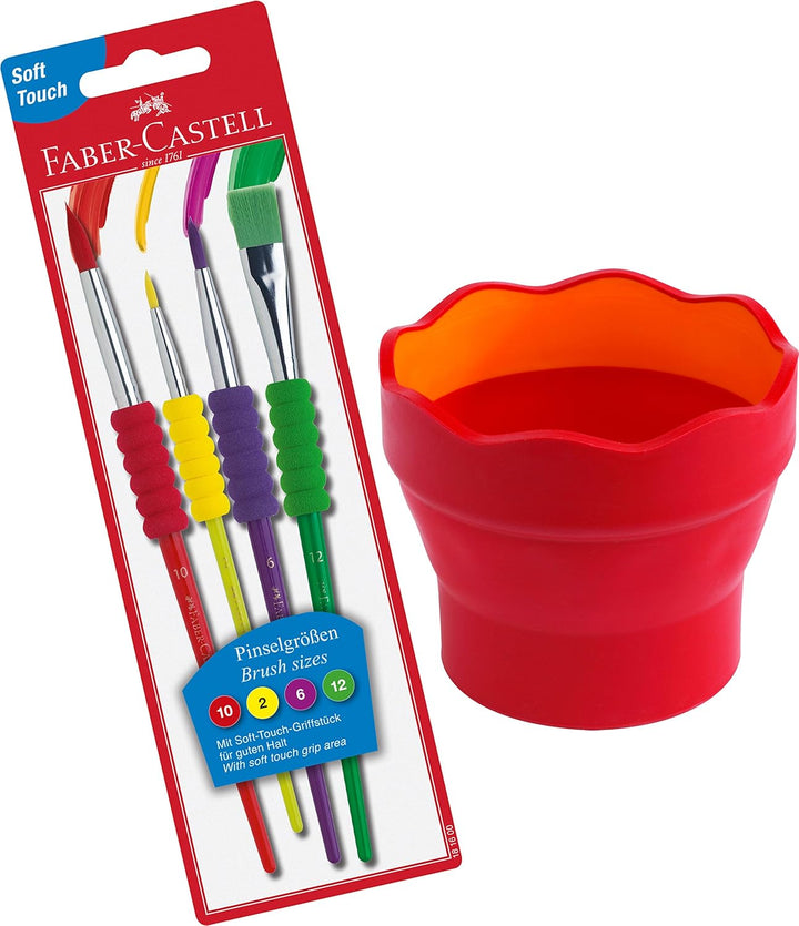 Faber-Castell - Kunststoff Wasserbecher Clic und Go, Lernmaterialien, rot + Pinsel Set + 12 Connecto