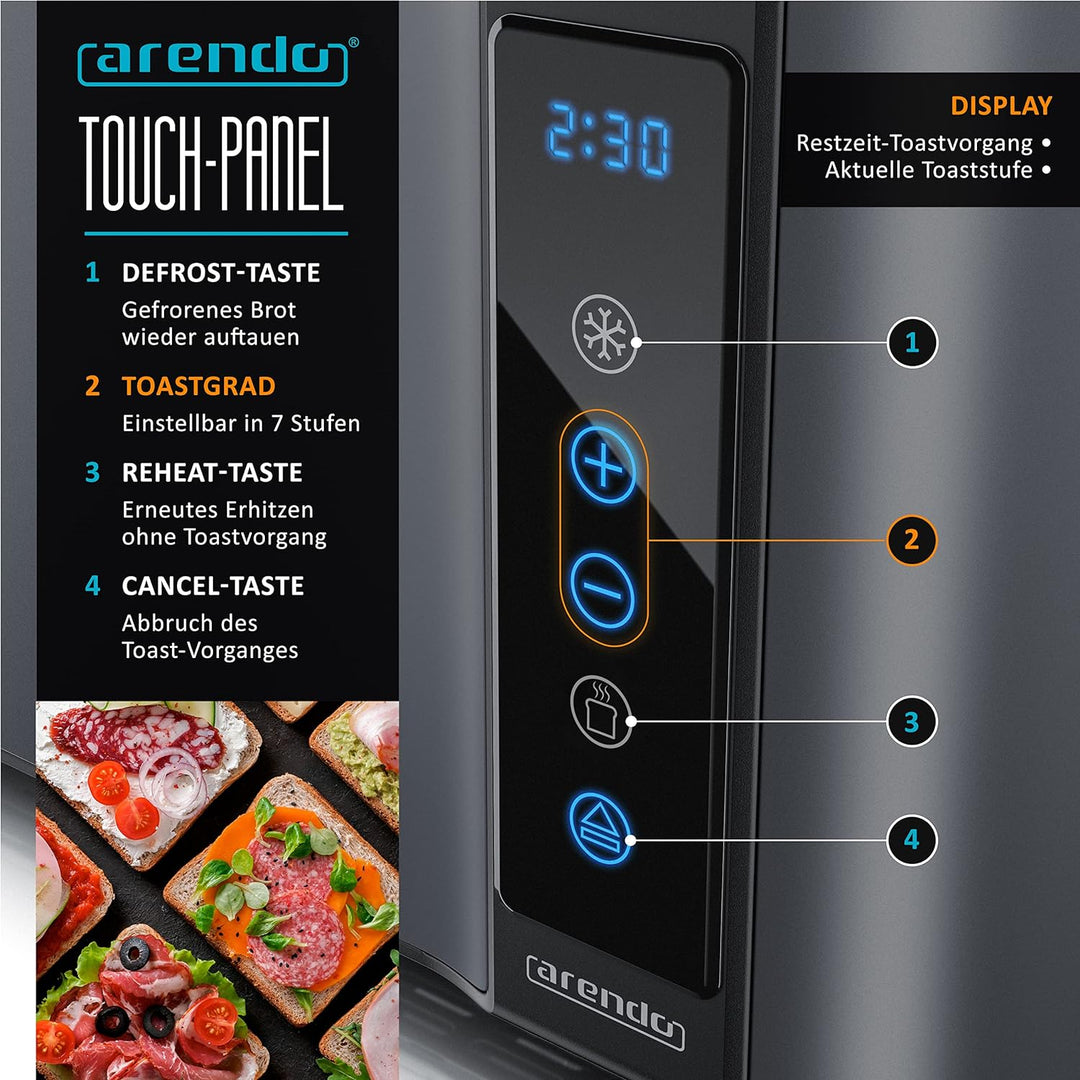 Arendo - Edelstahl Toaster Langschlitz 4 Scheiben- Touchpanel – Doppelwandgehäuse – 1500 W – Integri