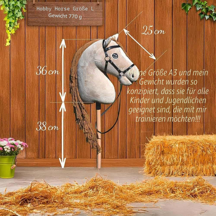 Hobby Horse Beige A3, Pferd, komplett mit Netz, Gebiss, Zügel, Halfter und blauer Insektenmütze, Pfe