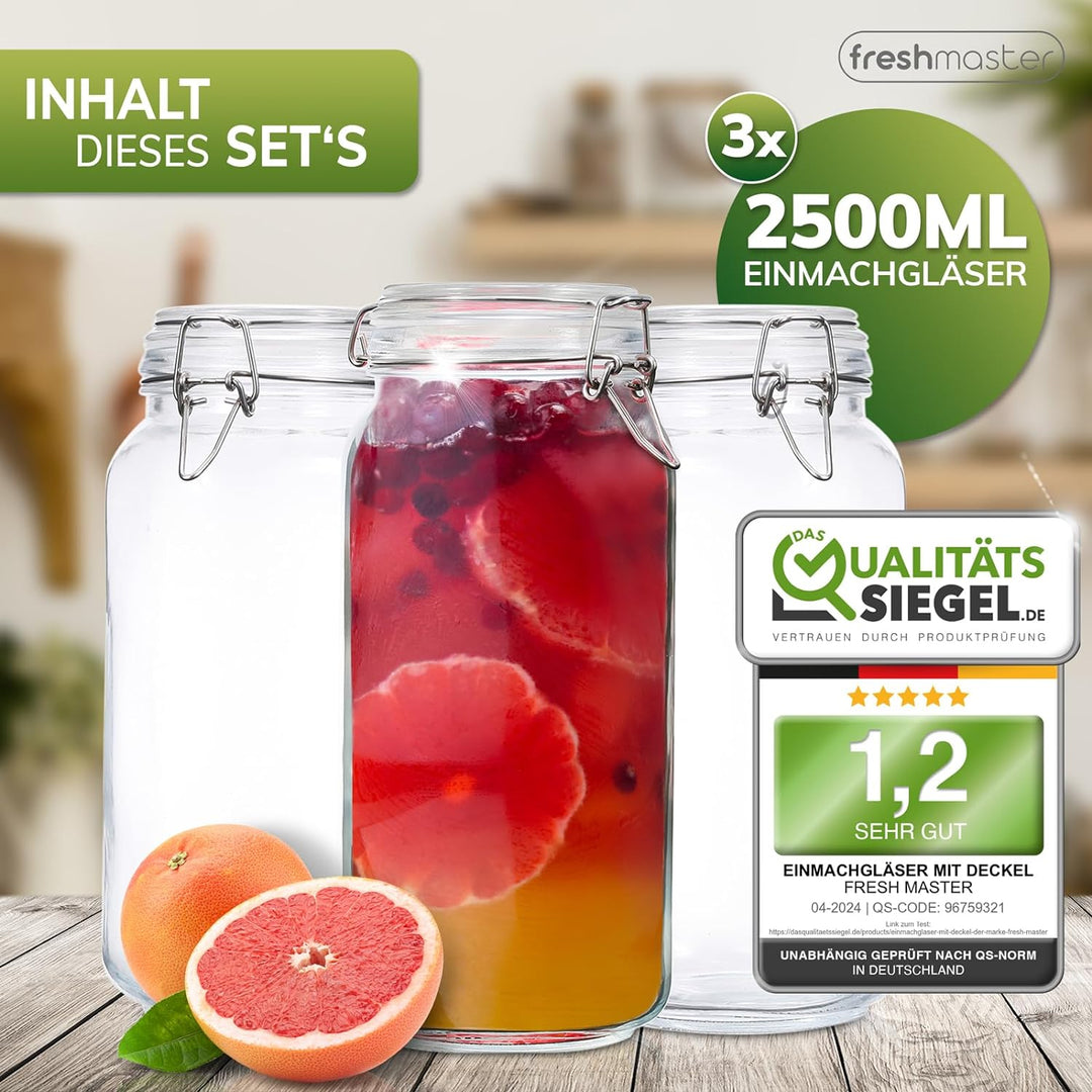 freshmaster Einmachgläser mit Deckel - Set aus bruchsicherem Glas mit Spezialdichtung und Edelstahl