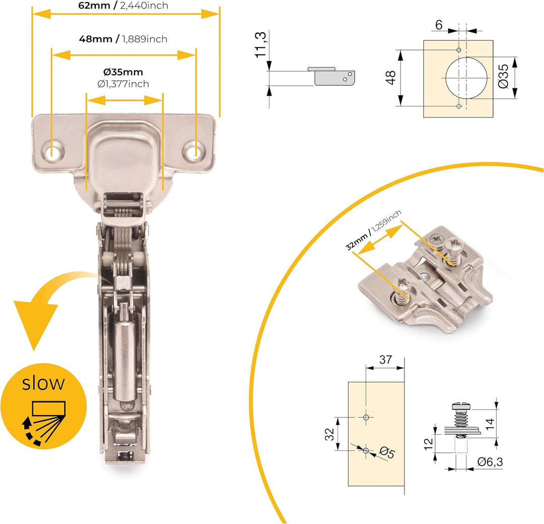 Emuca 1011807 Pack aus 20 Topfscharnieren Ø35mm 100° mit sanftem Verschluss für aneinanderstossende