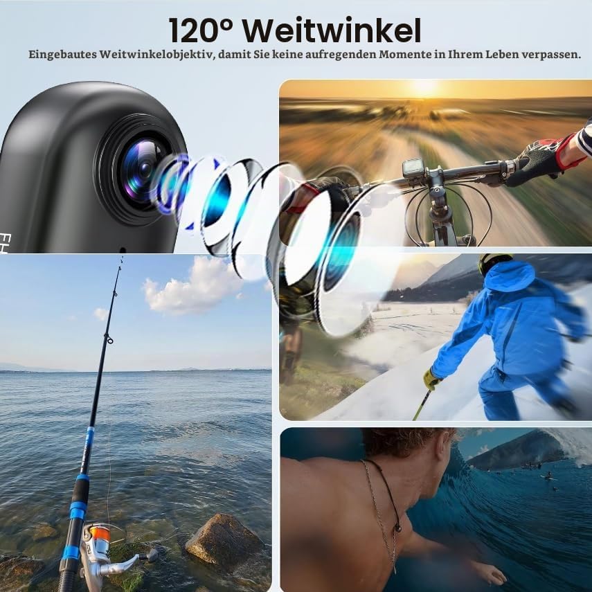 Action Cam, Mini Bodycam, POV Vlog Kamera 120° Weitwinkel, wasserdicht bis 30 m, 10+ Zubehörteile, 1