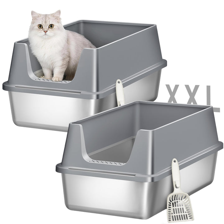 Katzenklo Edelstahl 2er Set, XXL Gross Katzentoilette, Dunkelgrau | Metall Katzentoilette mit Hoher