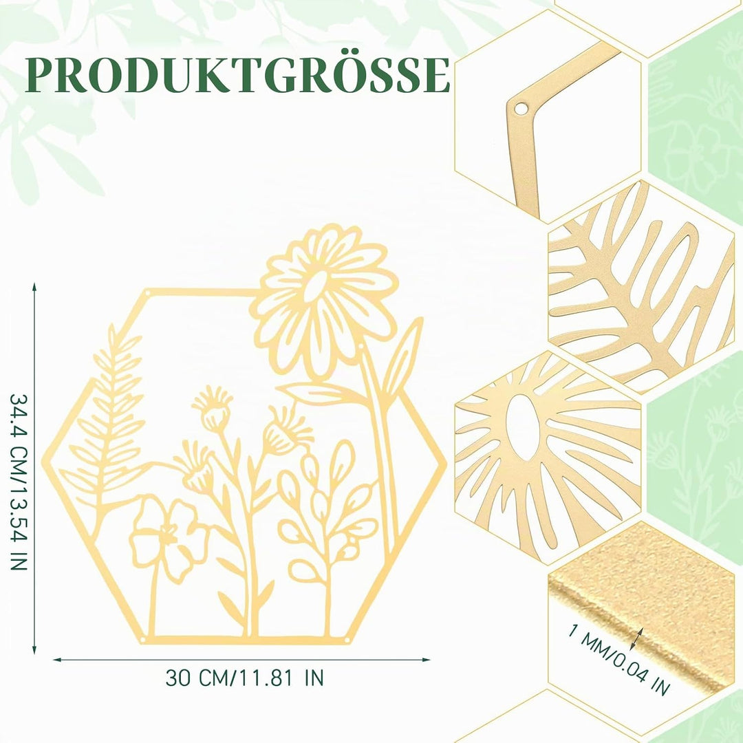 3 Stück goldene Metallblumen-Wanddekoration, minimalistisch, florales Wandbehang, Dekoration, Metall