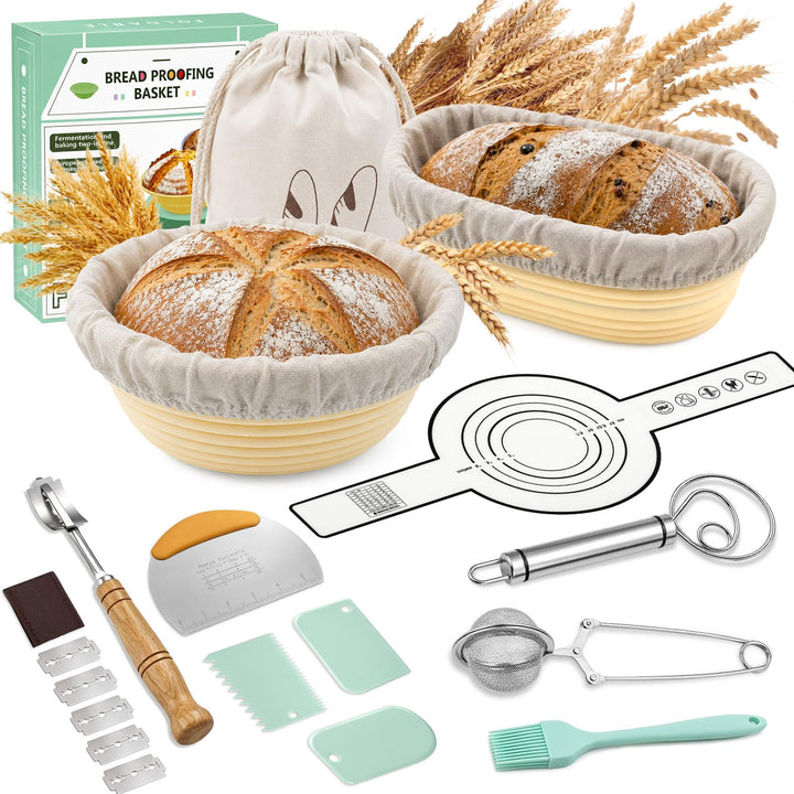 Dhapy Sauerteig Starter Set 12-tlg faltbares Silikon-Gärkörbchen | Brotbackset für Anfänger: rund 23
