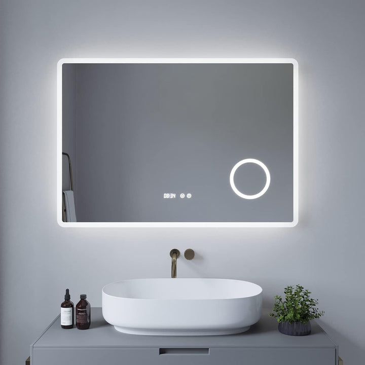 AQUABATOS Badspiegel mit Beleuchtung 100x70 cm Uhr Schminkspiegel LED Badezimmerspiegel Licht beleuc