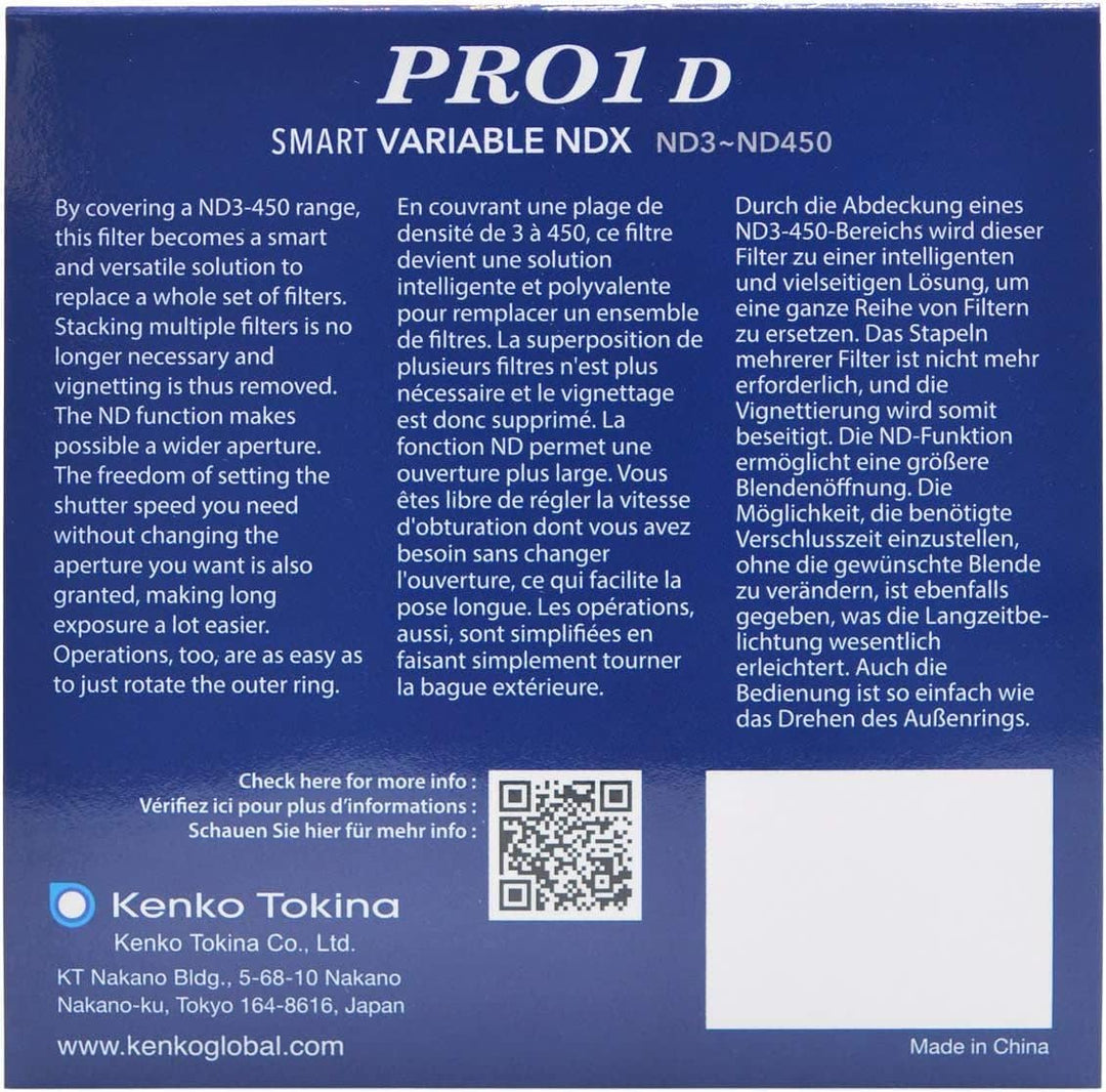 Kenko Variabler Graufilter PRO1D SMART Variable NDX ND3-450 77mm, für Videoaufnahmen, Einstellung de
