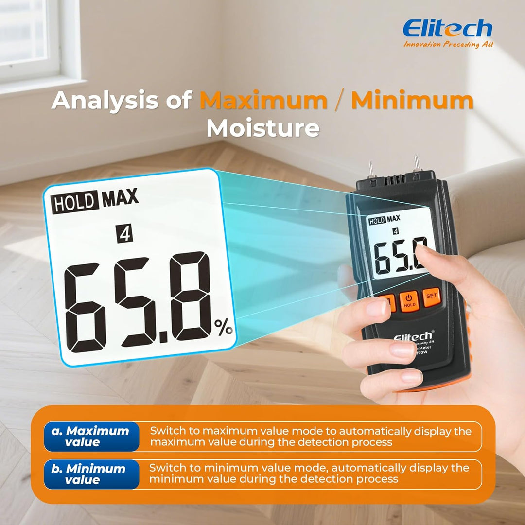 Elitech Holzfeuchtemessgerät Digital, 4 Holzarten, ±2% Genauigkeit, 9,8 mm Sonden, Feuchtigkeitsmess