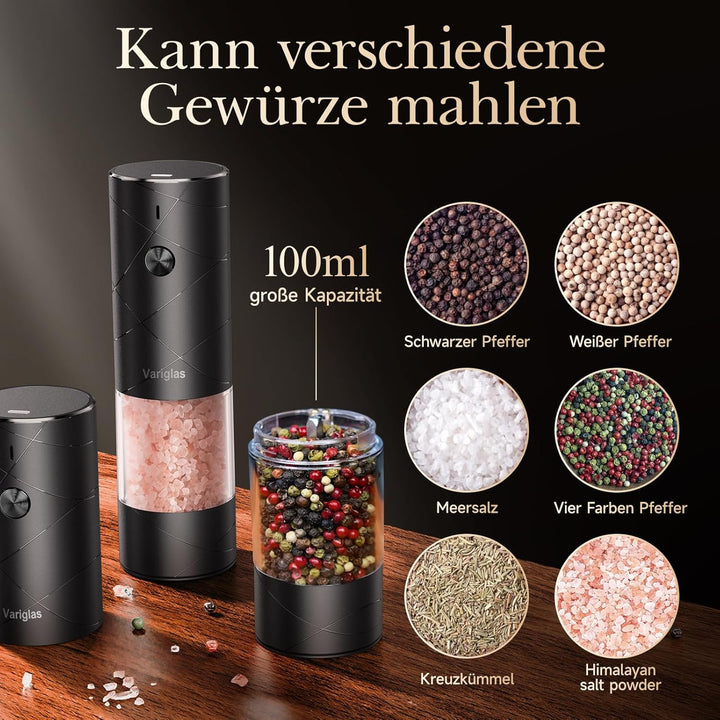 Variglas Salz und Pfeffermühlen Elektrische 2er Set mit USB Wiederaufladbarer,Verbesserte grosse Kap