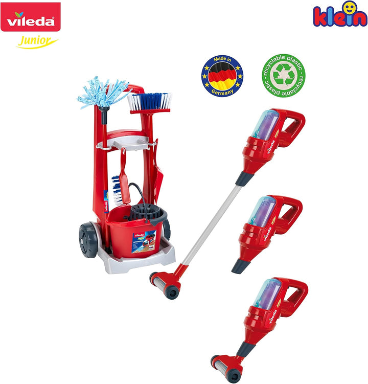 Theo Klein 6720 Vileda Besenwagen mit Upright Staubsauger I Inkl. Zubehör wie Wischmop, Eimer, Besen