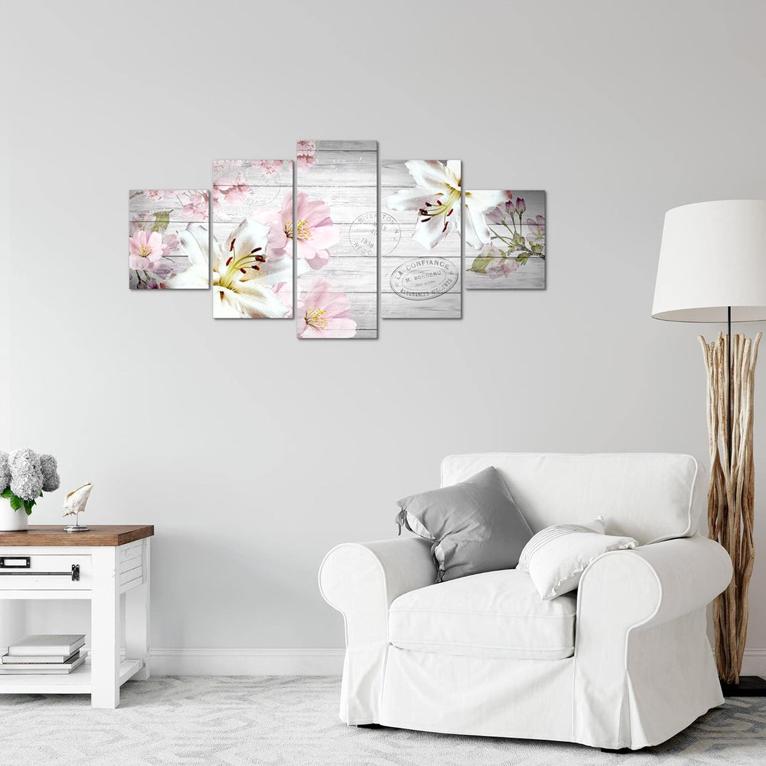 Runa Art Wandbilder Blumen Lilien 5 Teilig Bild auf Vlies Leinwand Deko Wohnzimmer Holz Vintage Grau
