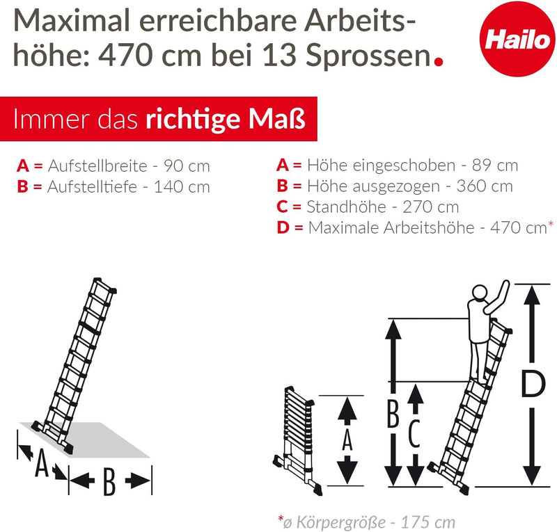 Hailo T100 FlexLine Sicherheits-Teleskopleiter - ausziehbare Leiter aus Aluminium mit bis zu 13 Stuf