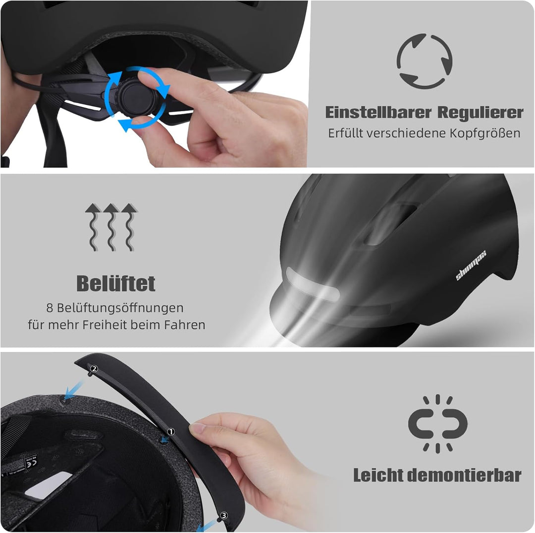 Shinmax Fahrradhelm Herren Damen, Helm Fahrrad mit USB Licht 5 Modi Fahrradhelm mit Visier, Mountain