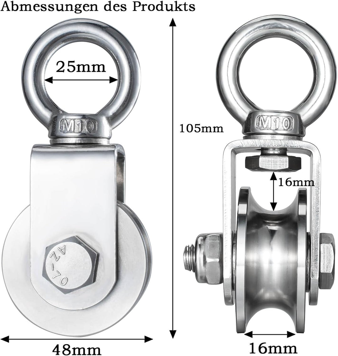 Umlenkrolle mit 2 Kugellager, Edelstahl Flaschenzug mit 10m/8mm Nylonseil, Tragfähigkeit 500 kg 1 48
