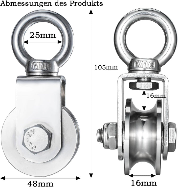 Umlenkrolle mit 2 Kugellager, Edelstahl Flaschenzug mit 10m/8mm Nylonseil, Tragfähigkeit 500 kg 1 48