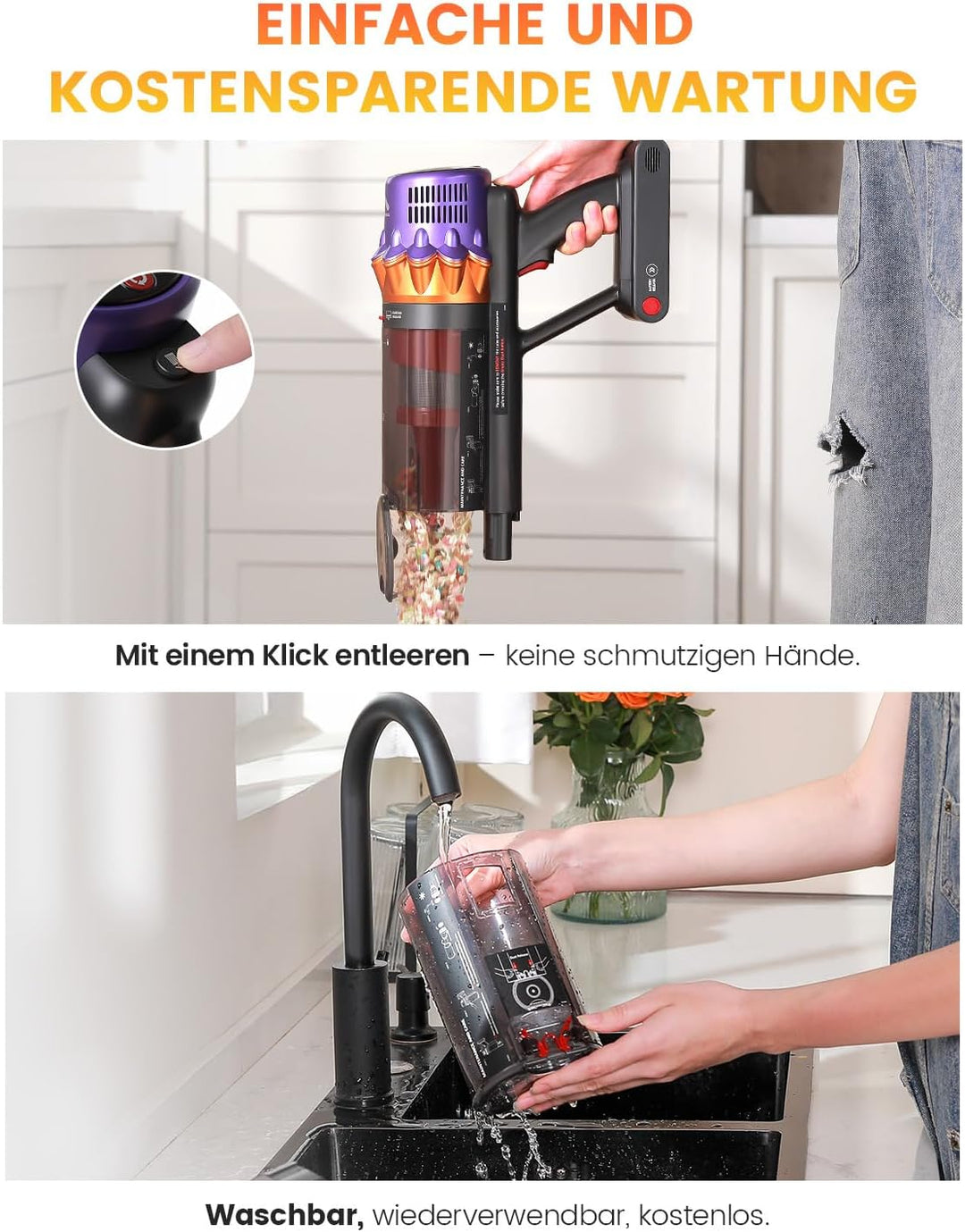 AlloyMove Akku Staubsauger, 50000Pa/550W/80Mins Staubsauger Kabellos mit LED Display und Anti Tangle
