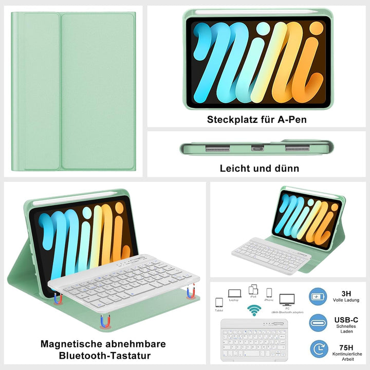 Tastatur für iPad mini 7 (A17 pro) 2024/Mini 6 2021 8.3 Zoll, QWERTZ Deutsches Tastatur Magnetische