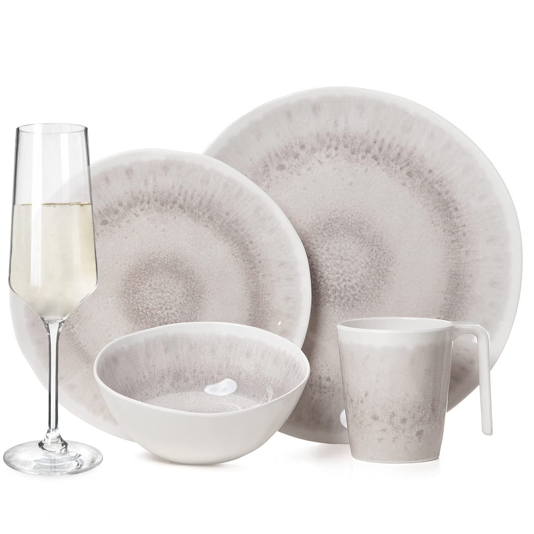 Melamin Camping Geschirr Set 4 Personen Amboss Design 16 Teilig + Milano Gläser Champagner-Gläser Fl
