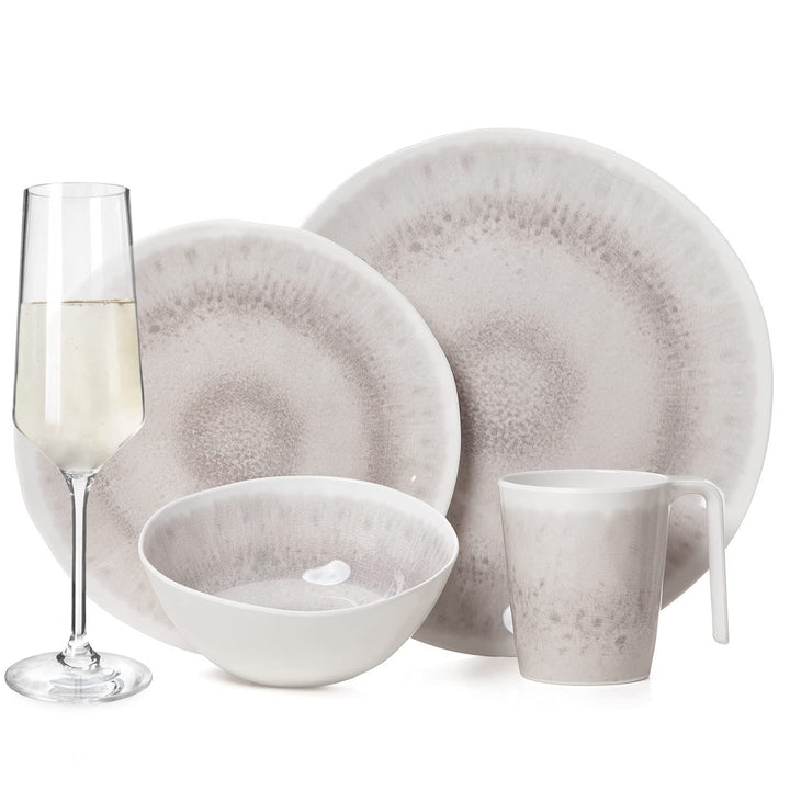 Melamin Camping Geschirr Set 4 Personen Amboss Design 16 Teilig + Milano Gläser Champagner-Gläser Fl