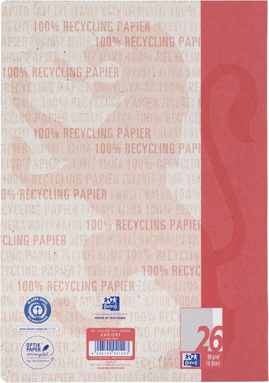 Oxford Schulheft A4 Recycling, 16 Blatt, Lineatur 26, kariert, 15 Stück A4 Lineatur 26, A4 Lineatur