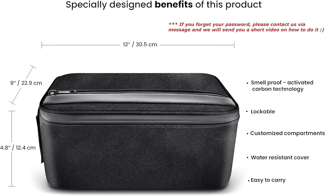 MYSTE BOX Geruchssichere Tasche mit Schloss, Karbonfutter, geruchsdicht, für die Reise, Schwarz, gro