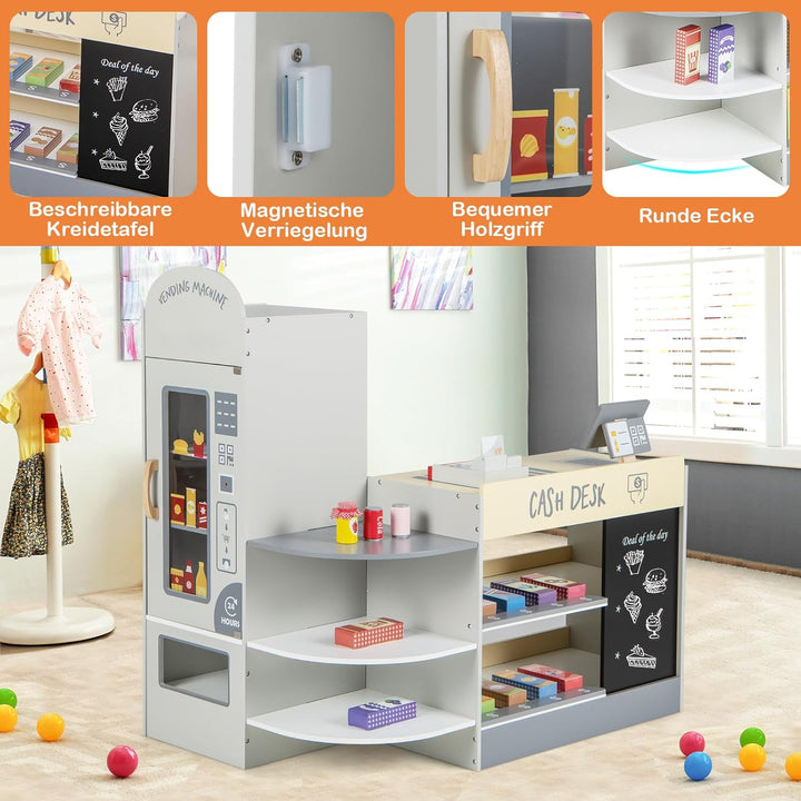 COSTWAY Kinder Kaufladen, Kaufmannsladen aus Holz mit Seitentheke, Supermarkt-Set mit Kasse, POS-Mas
