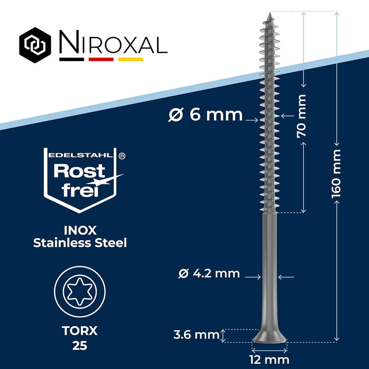 Edelstahlschrauben Torx Holzschrauben 6x160 Edelstahl V2A rostfrei Spanplattenschrauben für Holz Tei