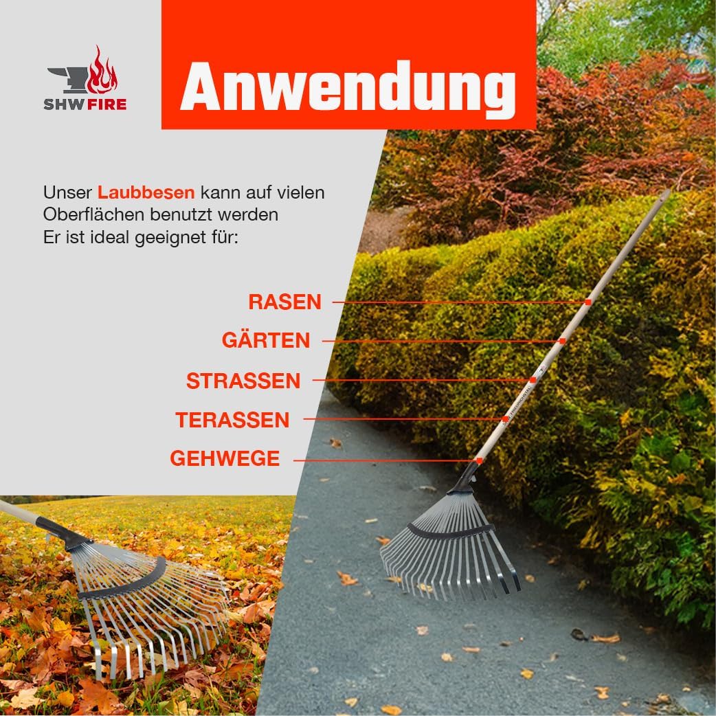 Laubbesen verzinkt, 47 cm breit, 135 cm Eschenholzstiel - robuster Fächerbesen &amp; Laubrechen für Laub
