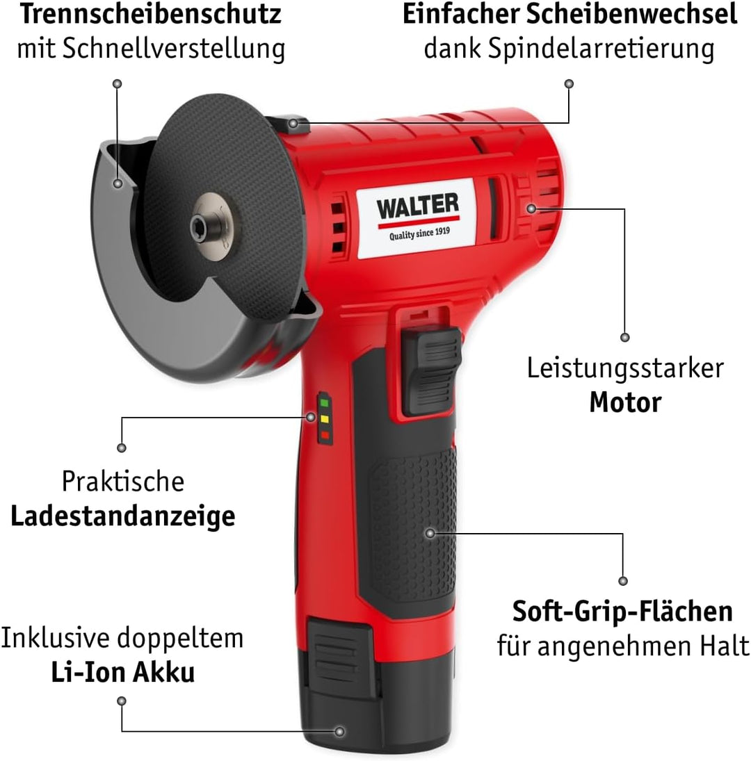 WALTER - 12V Winkelschleifer mit 2 Akkus, 12V Akku-Winkelschleifer: Flexibel, leistungsstark und ink